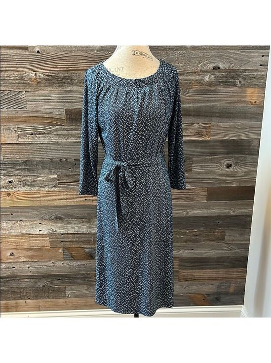 Lands' End Dresses & Skirts - Lands End Blue Patterned Midi Tie Waist 3/4 Length Sleeve Dress Size XS 2-4